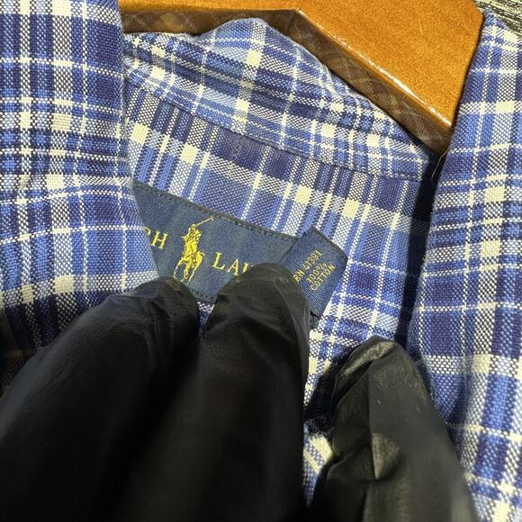 Ralph Lauren Shirt Men's Large Blue Plaid Long Sleeve Button Down Brown Pony - Picture 4 of 14